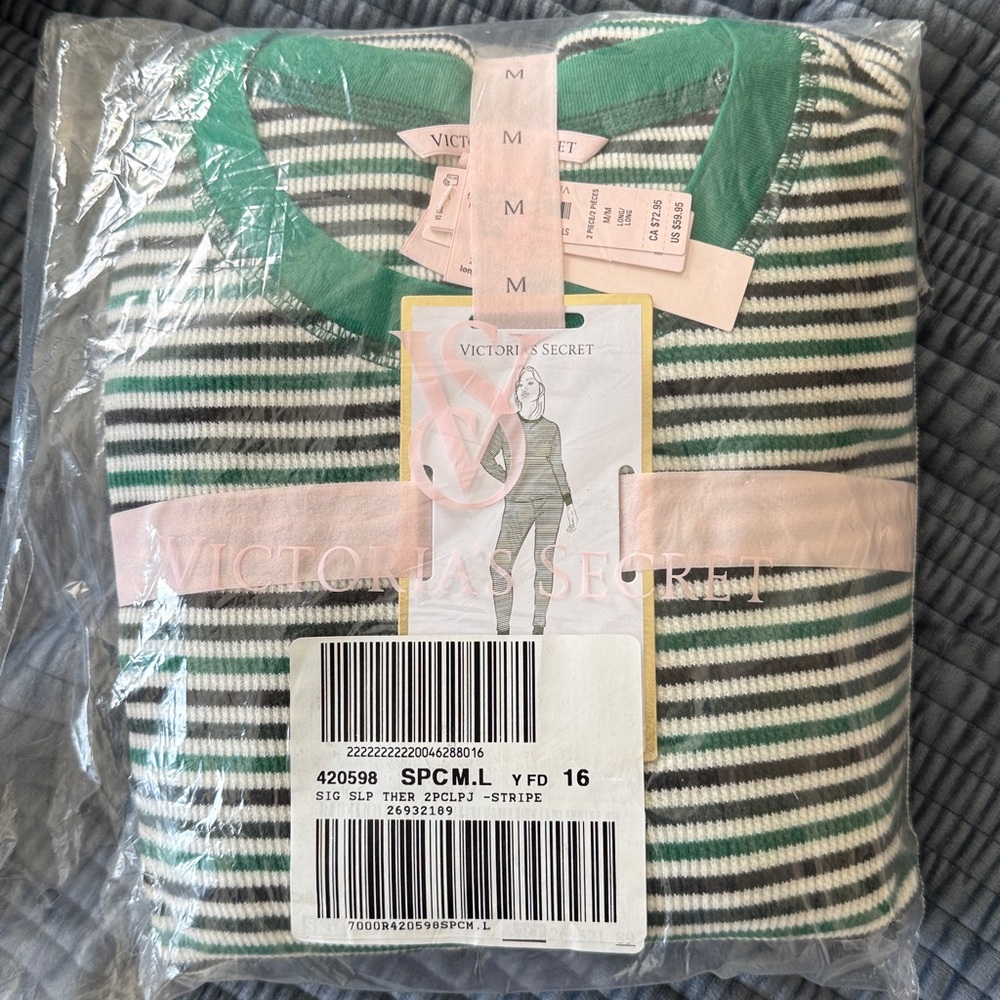 Victoria's Secret Green and White Striped fireside thermal pajamas medium long